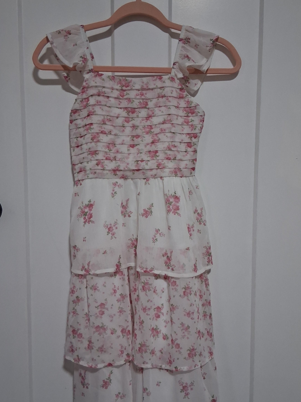 Girls Pink & White Floral Tiered Chiffon Dress